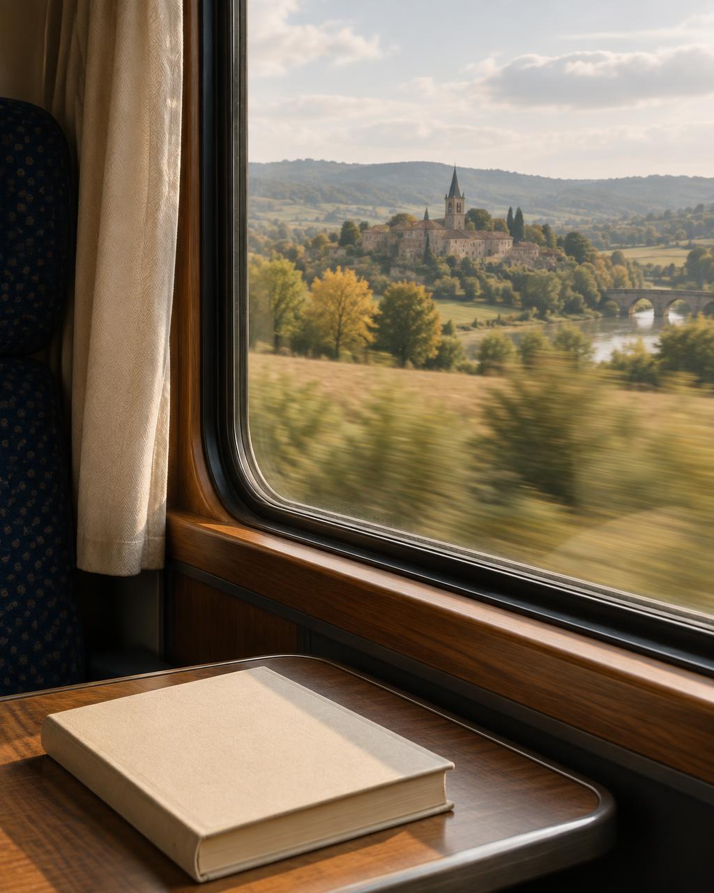 A view of the French countryside through a moving train window
