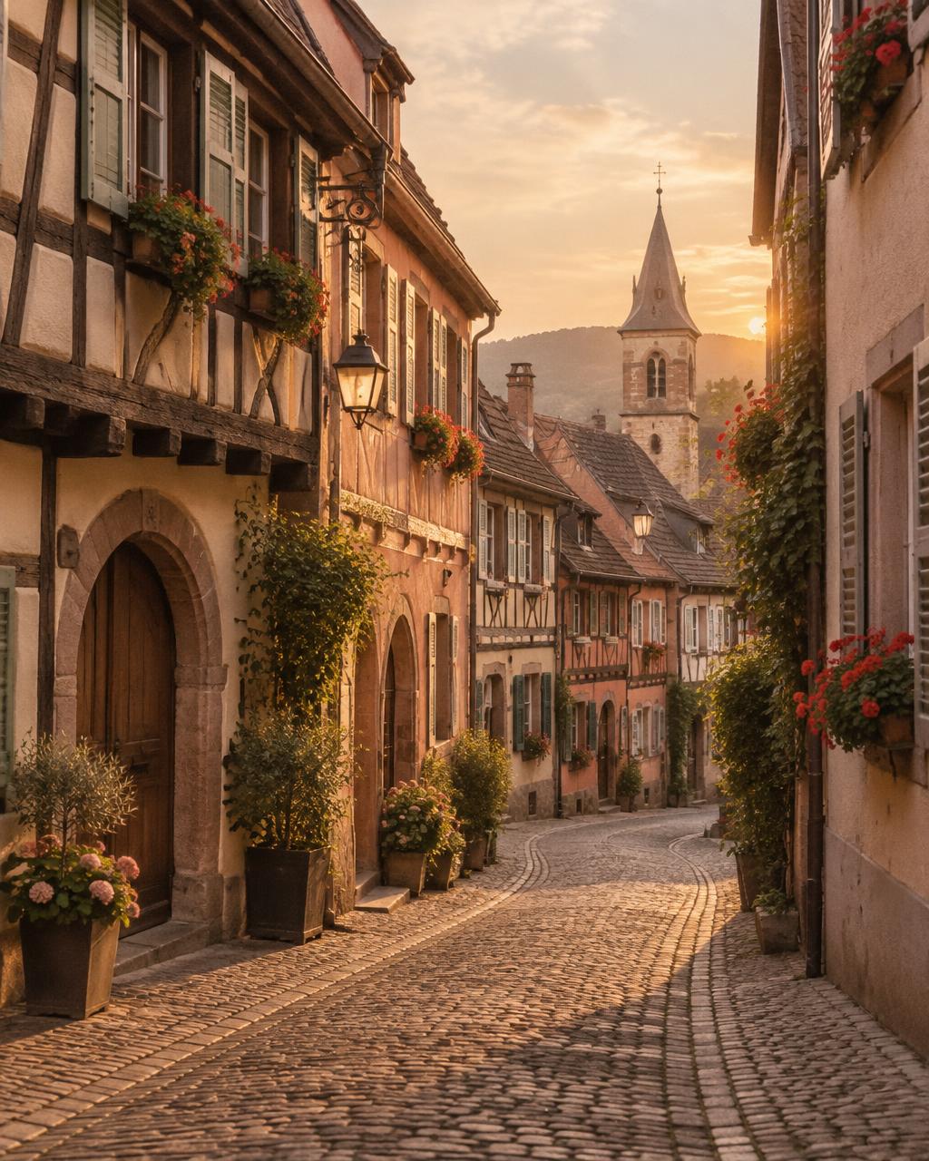 A quiet cobblestone street in an old European town at golden hour